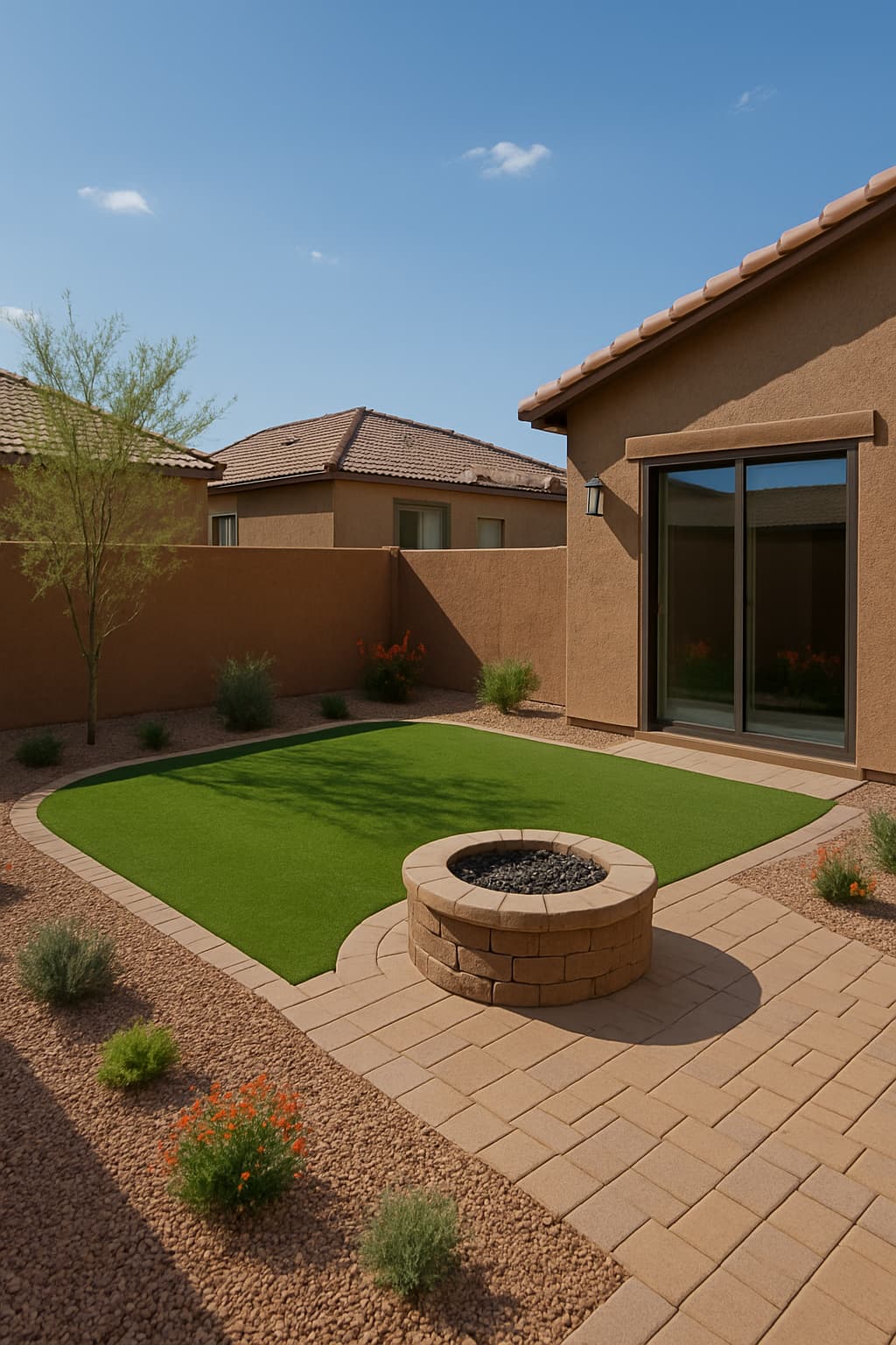 Artificial turf lawn edged with pavers beside a round stone fire pit in a Mesa backyard.
