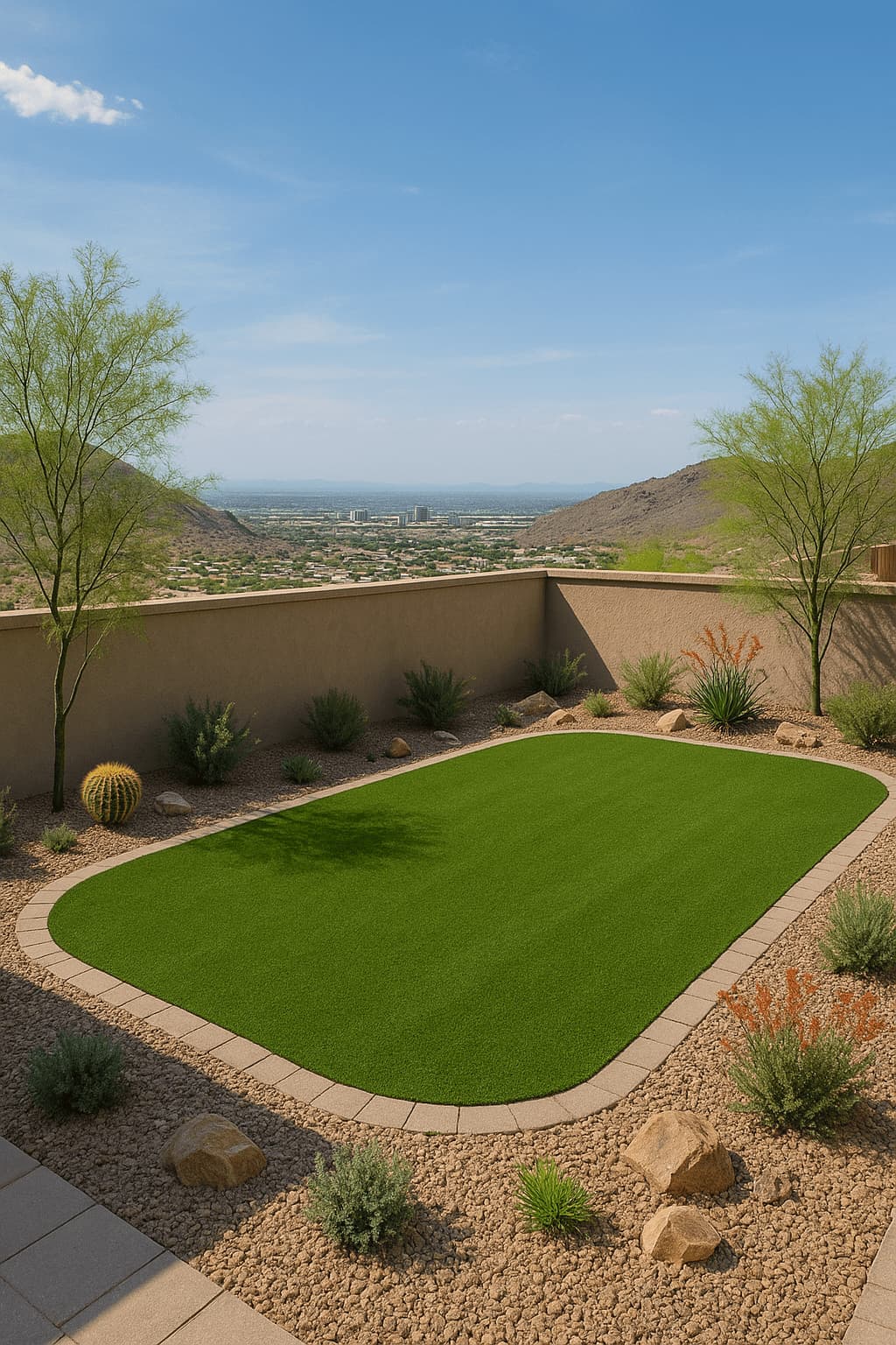 Paver-edged artificial turf lawn on a hillside lot overlooking the valley.