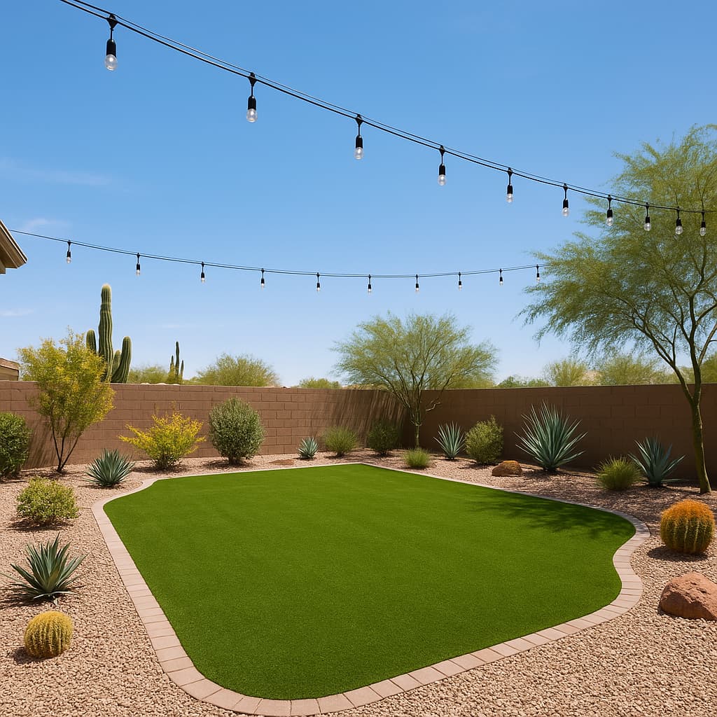 Curved artificial turf lawn bordered by decorative rock, agaves and cacti under string lights.