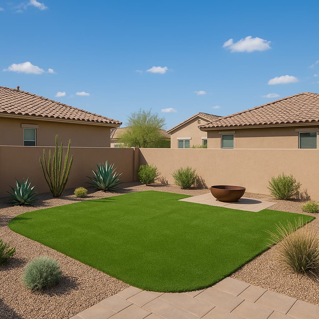 Artificial turf lawn with a gravel border and a steel fire bowl in a walled backyard.