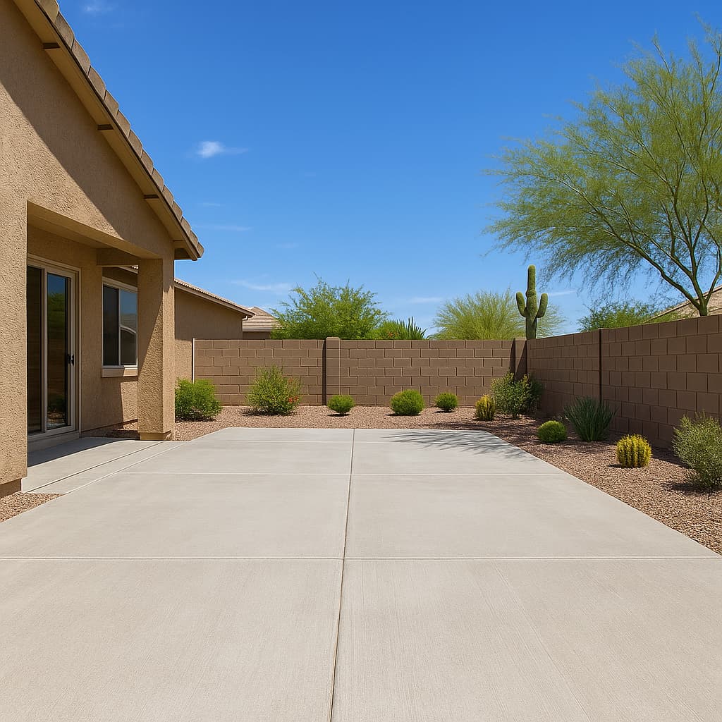 Large poured concrete patio slab extending from a stucco home, bordered by gravel and desert planting.