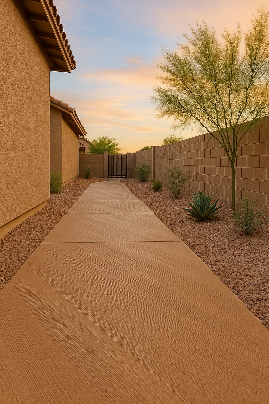Broom-finished concrete walkway running alongside a home between gravel beds.