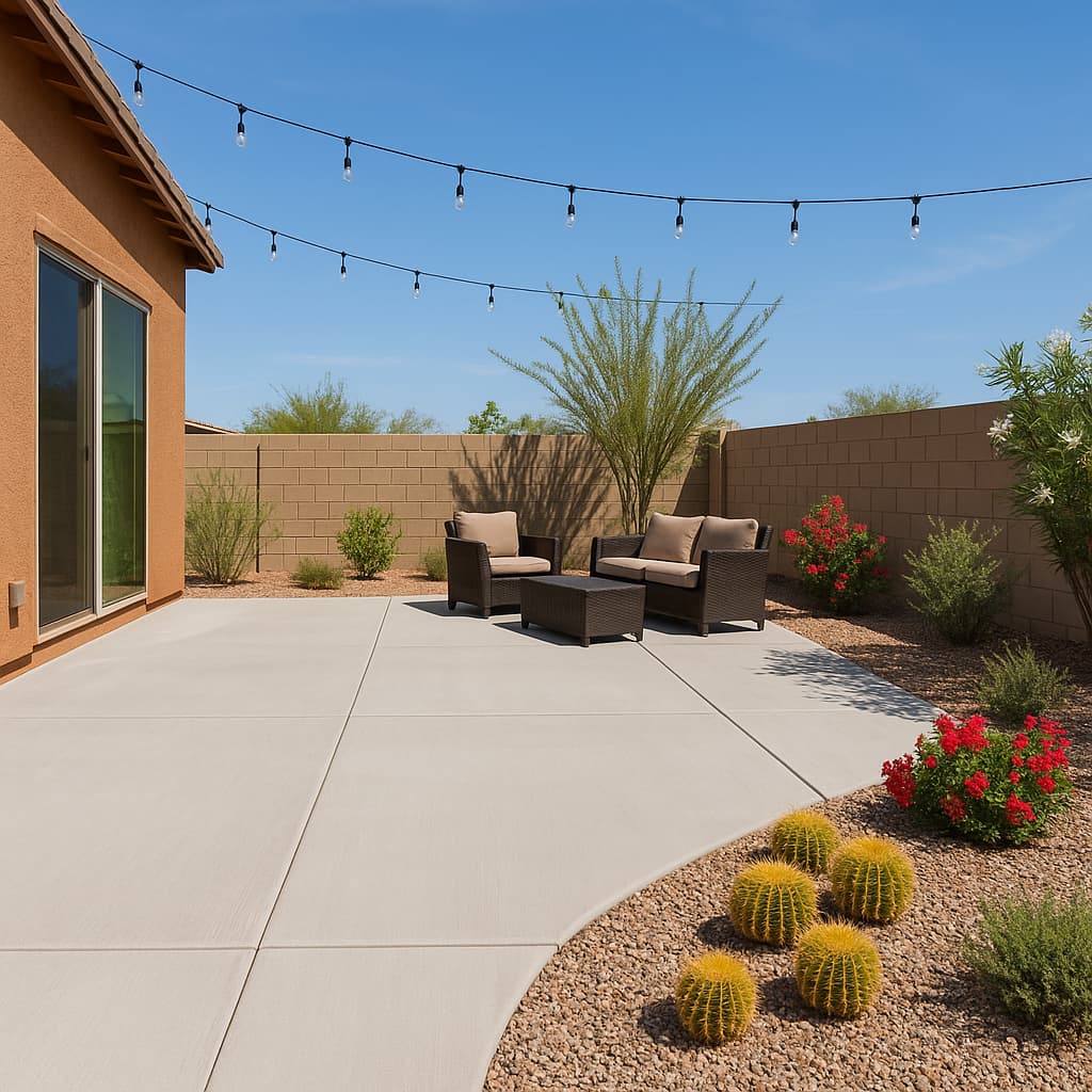 Curved concrete patio slab furnished with outdoor seating under string lights.
