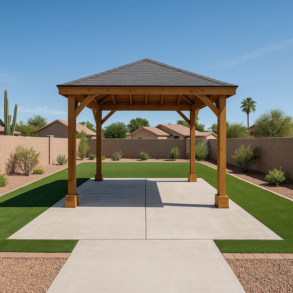 Timber-post pergola with a hipped roof set over a concrete pad beside artificial turf.