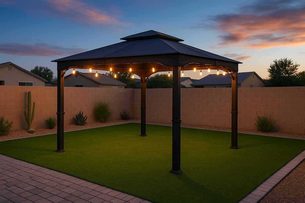 Dark metal pergola strung with warm lights over a lawn at dusk.