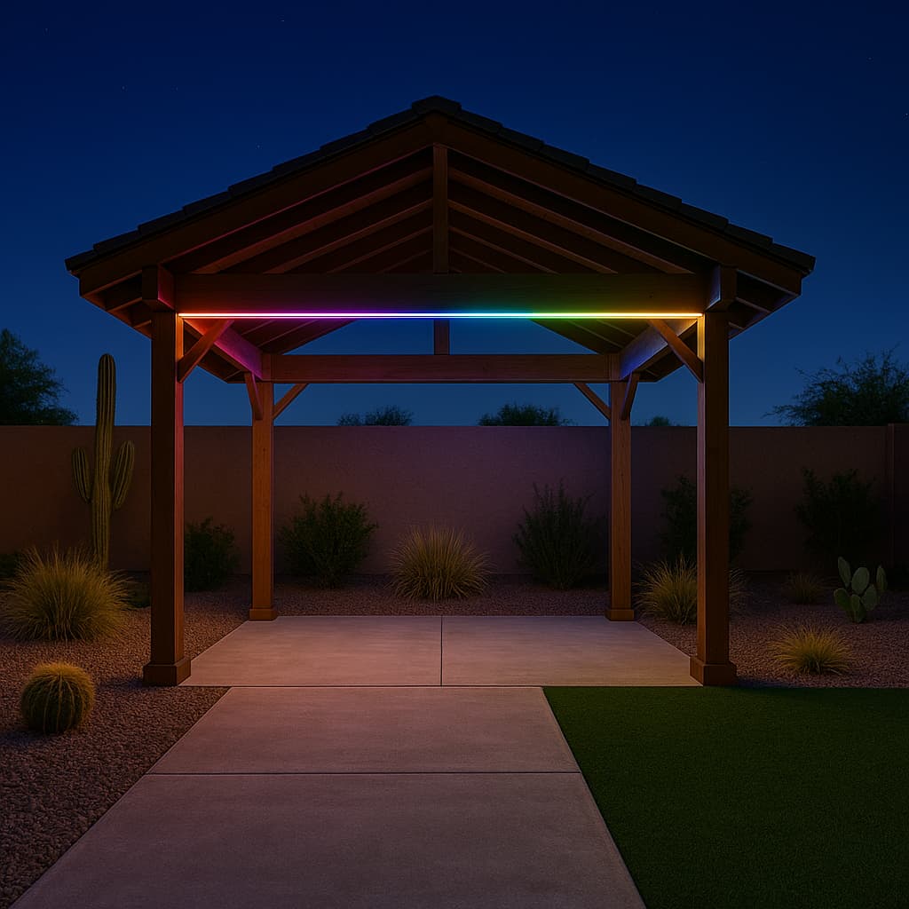 Gazebo outlined with colour-changing LED strip lighting after dark.