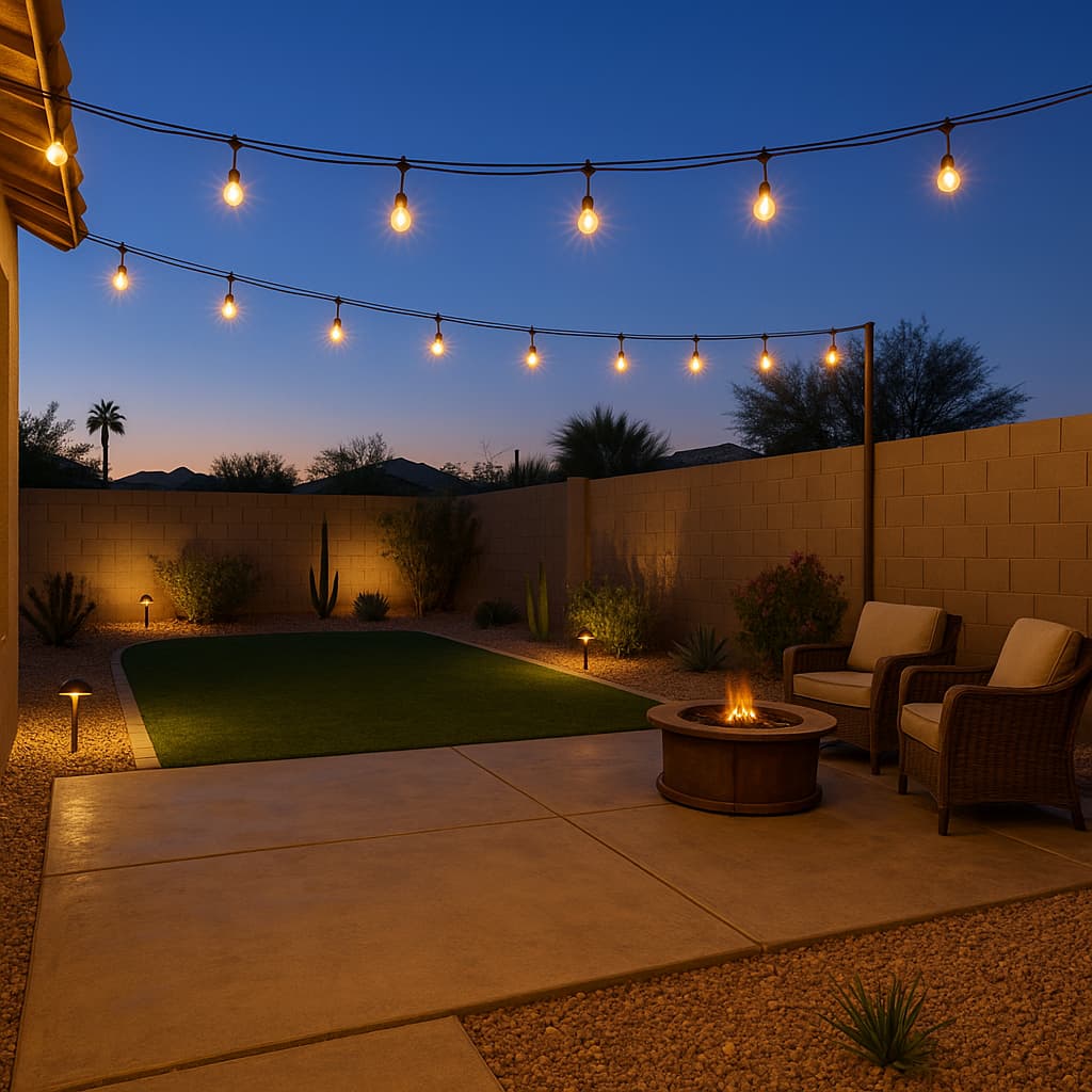 Overhead string lights above a patio seating area and fire bowl at dusk.