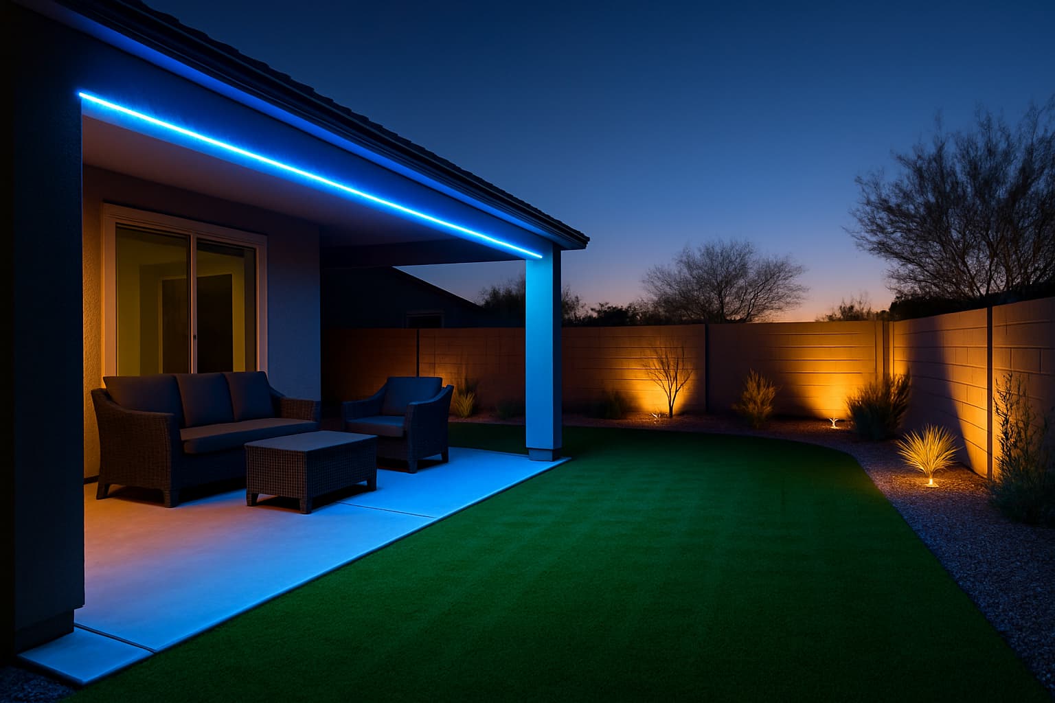 Backyard at night with blue LED cove lighting under a covered patio and amber wall washes.