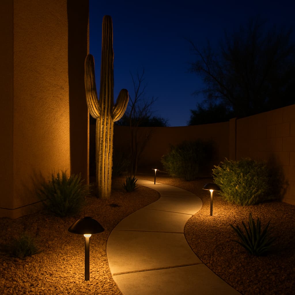 Path lights lining a curved walkway with a saguaro uplit against a wall at night.
