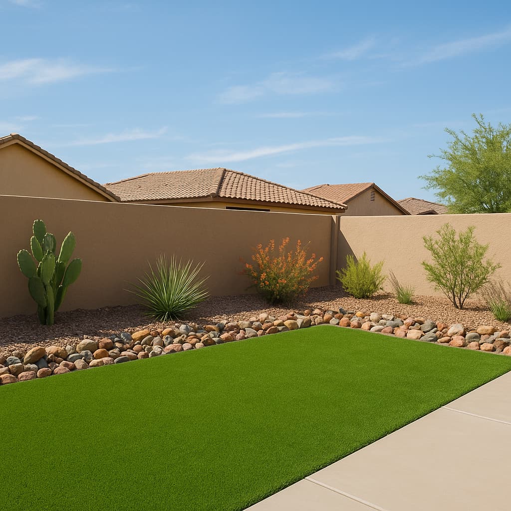 Backyard rock border of mixed river stone running between a lawn and desert planting beds.