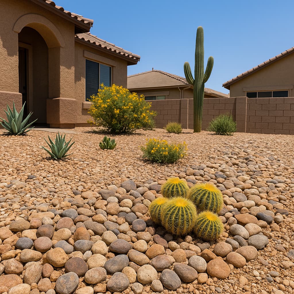 Front yard covered in river rock and decomposed granite with agaves, barrel cacti and a saguaro beside a stucco home.