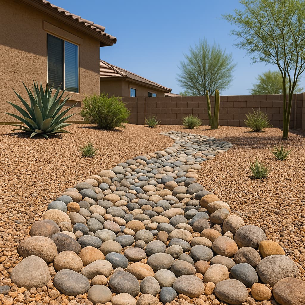Dry riverbed of rounded river rock winding through a gravel front yard planted with agave and palo verde.