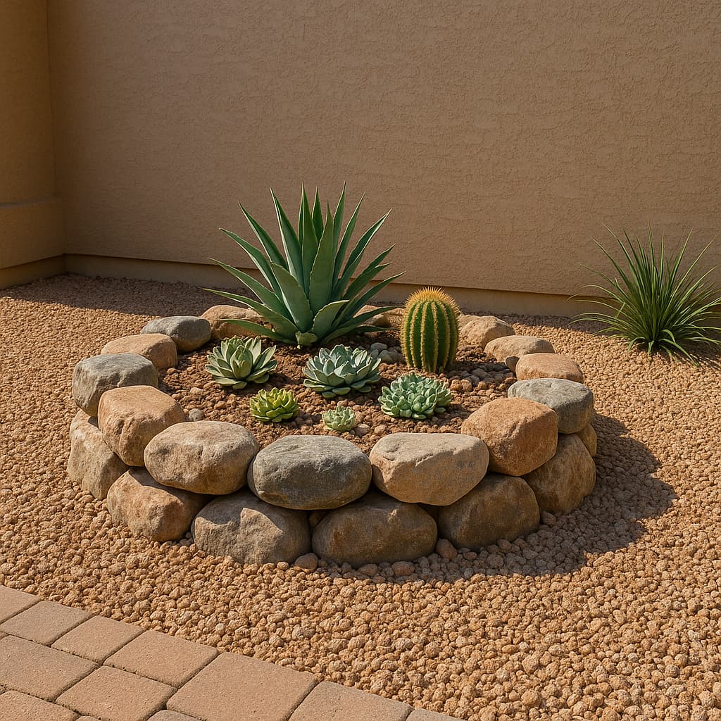 Circular raised planter edged with boulders, filled with succulents and a barrel cactus in decomposed granite.