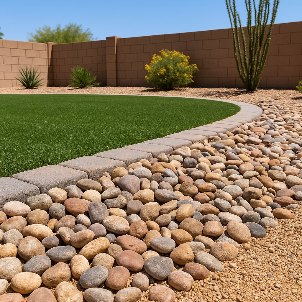 Curved paver border separating a lawn from a wide bed of river rock and gravel along a block wall.