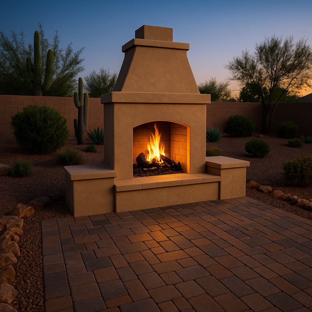 Close view of a stacked-stone fire pit with a concrete cap and burning logs.
