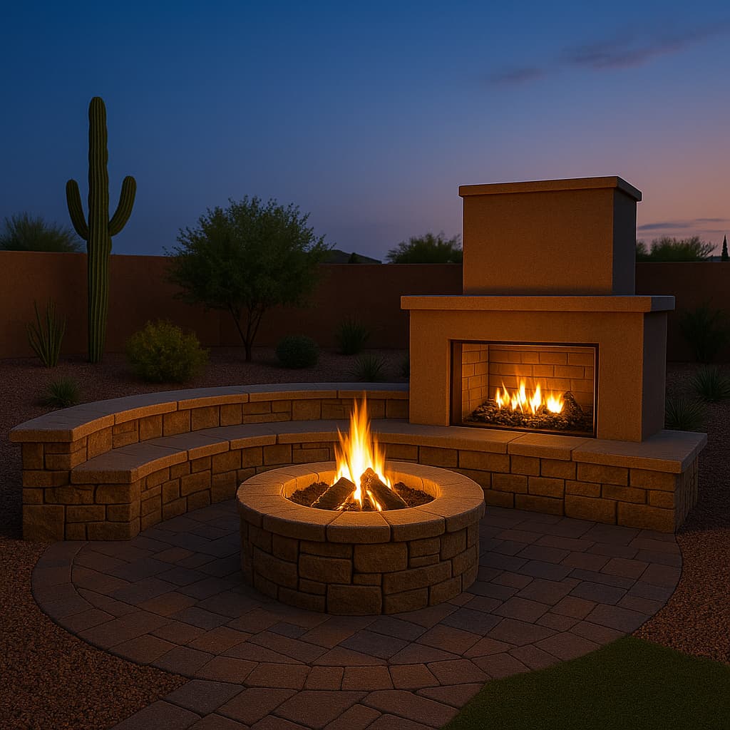 Stone fireplace and matching round fire pit with curved seating wall, both lit at dusk.