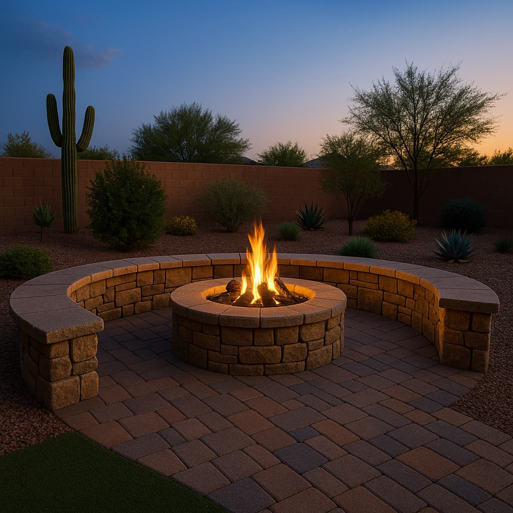 Round stone fire pit ringed by a curved seating wall on a paver patio at twilight.