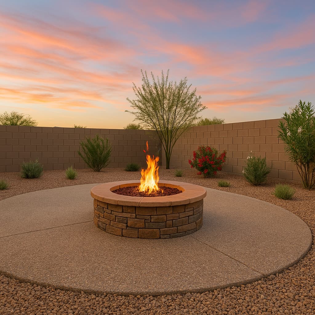 Circular concrete pad supporting a lit stone fire pit in a gravel yard at sunset.