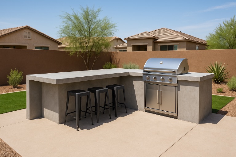 Concrete outdoor kitchen counter with bar stools and a stainless steel grill.