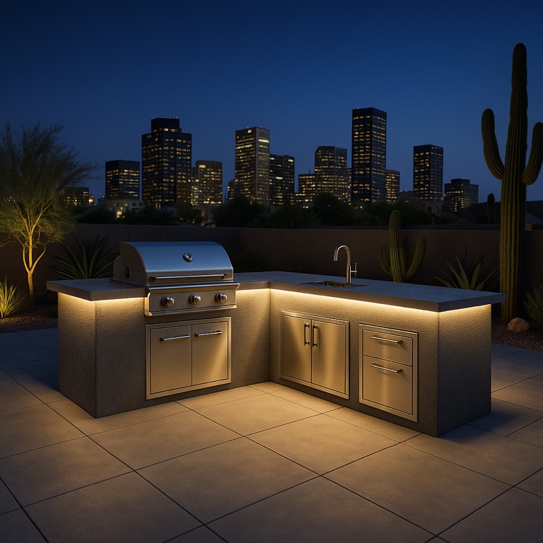 Stainless steel outdoor kitchen with under-counter lighting at night.