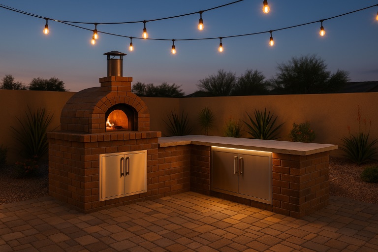 Stone outdoor kitchen with a built-in grill and pizza oven lit by string lights.