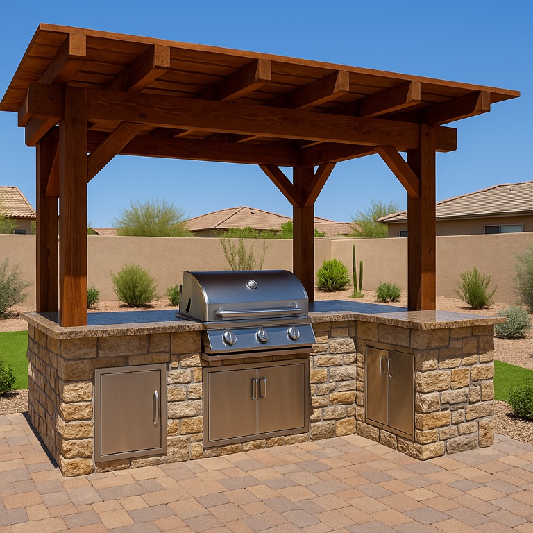 Timber-framed outdoor kitchen with a stone base and built-in gas grill.