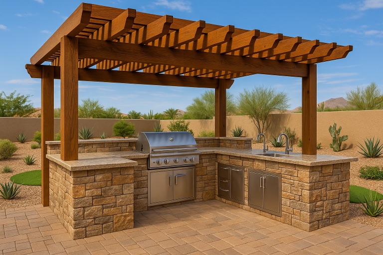 Stone-clad outdoor kitchen island with a built-in grill beneath a timber pergola.