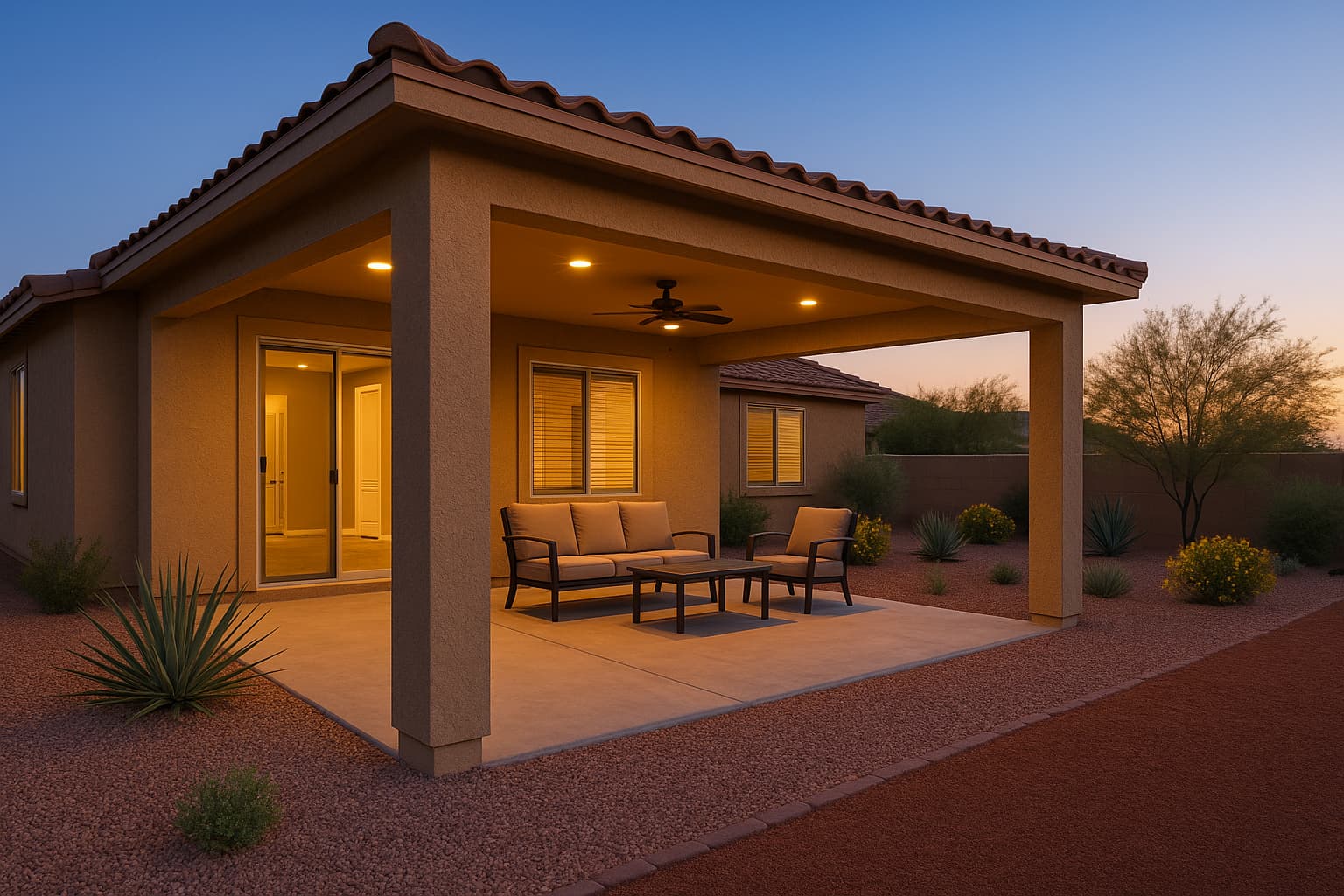 Large covered patio with a ceiling fan and lounge seating attached to a stucco home.