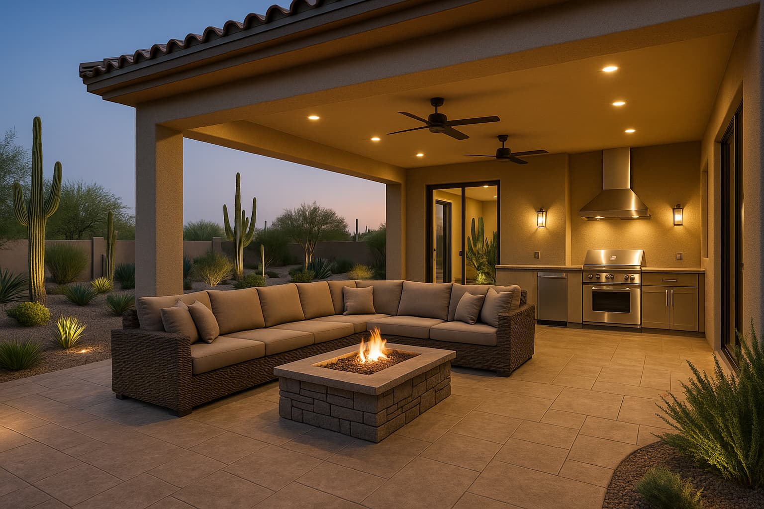 Covered patio with a sectional sofa, fire table and built-in outdoor kitchen.