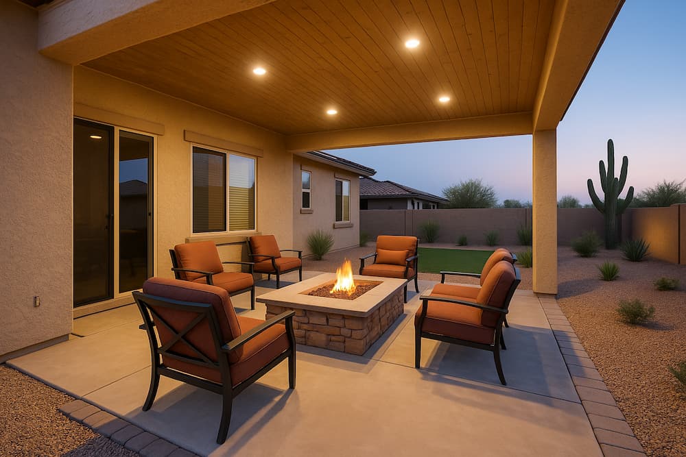 Covered patio lit by recessed ceiling lights with armchairs around a fire table.