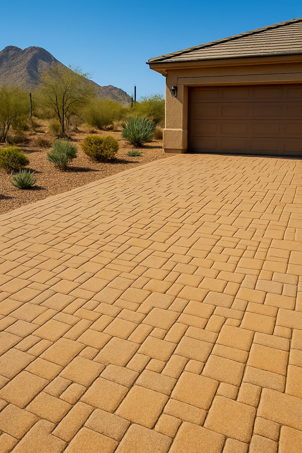 Tan paver driveway laid in a running-bond pattern leading to a garage.