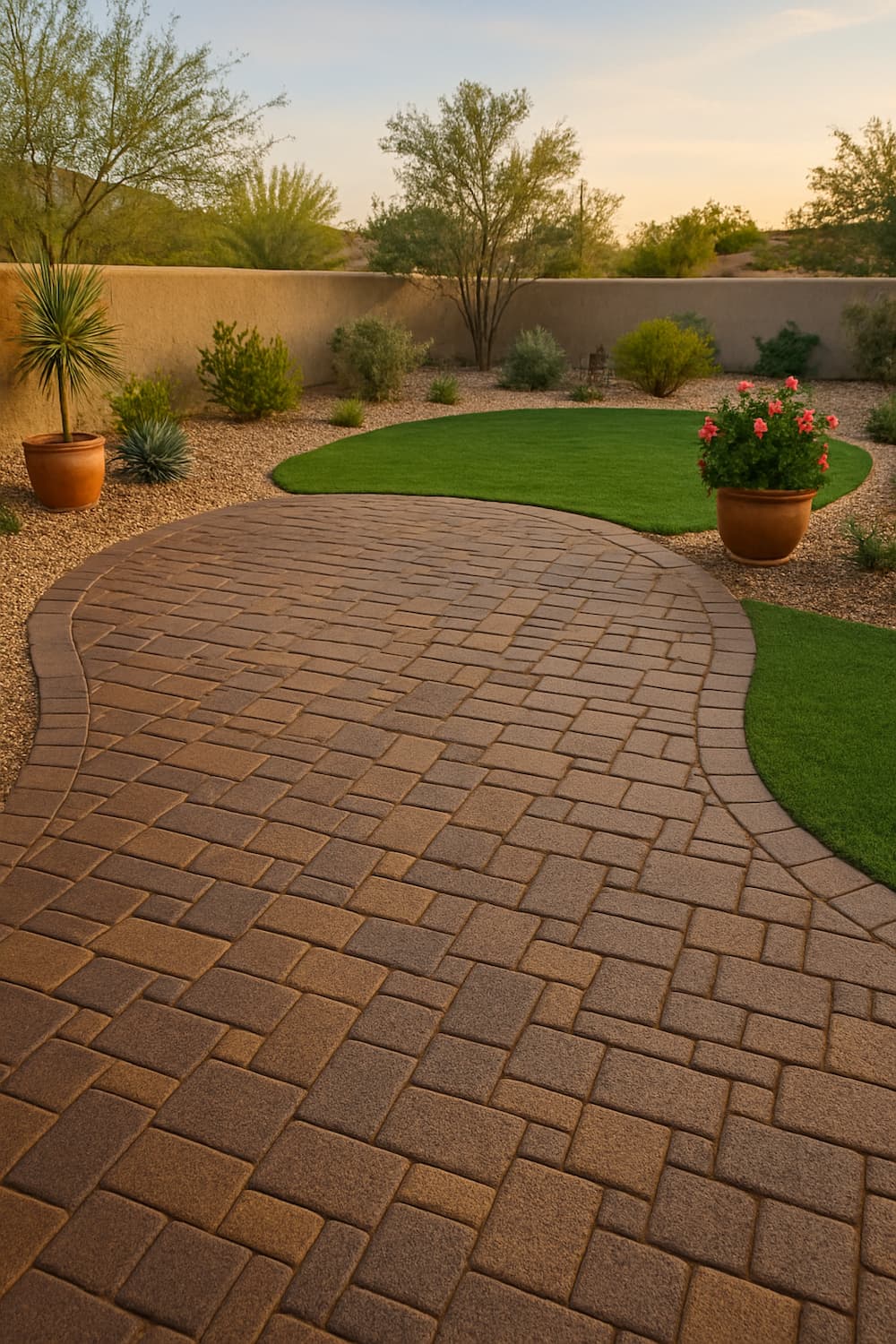 Curved paver walkway sweeping around a lawn with potted plants beside a block wall.