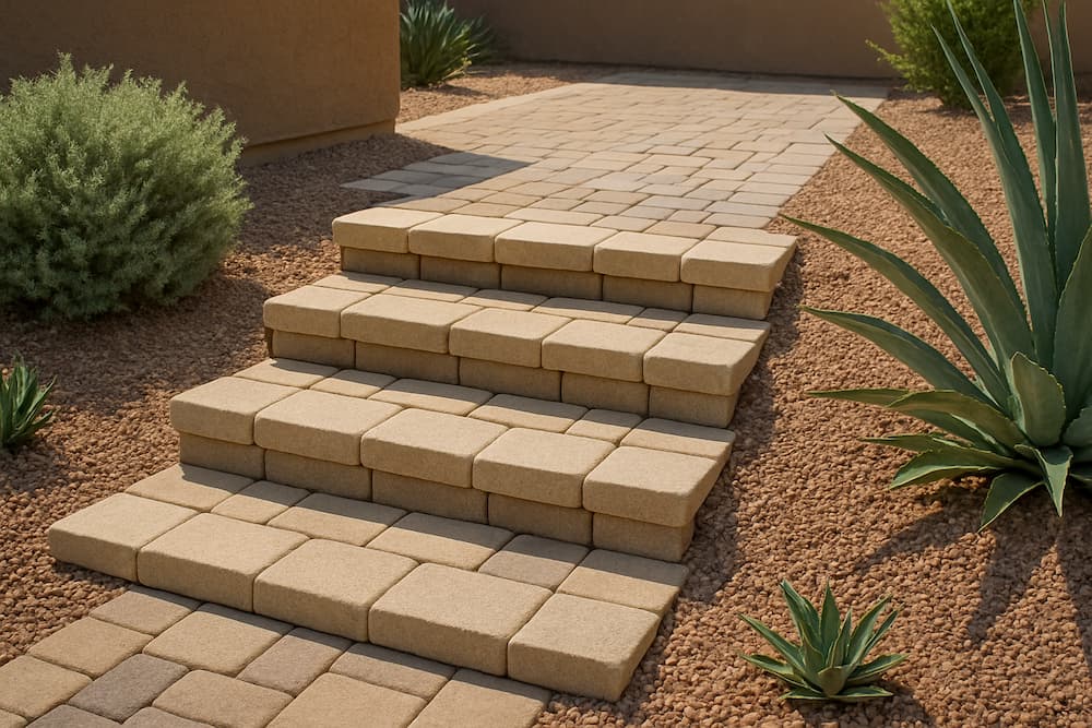 Paver steps rising to a walkway between gravel beds and desert planting.
