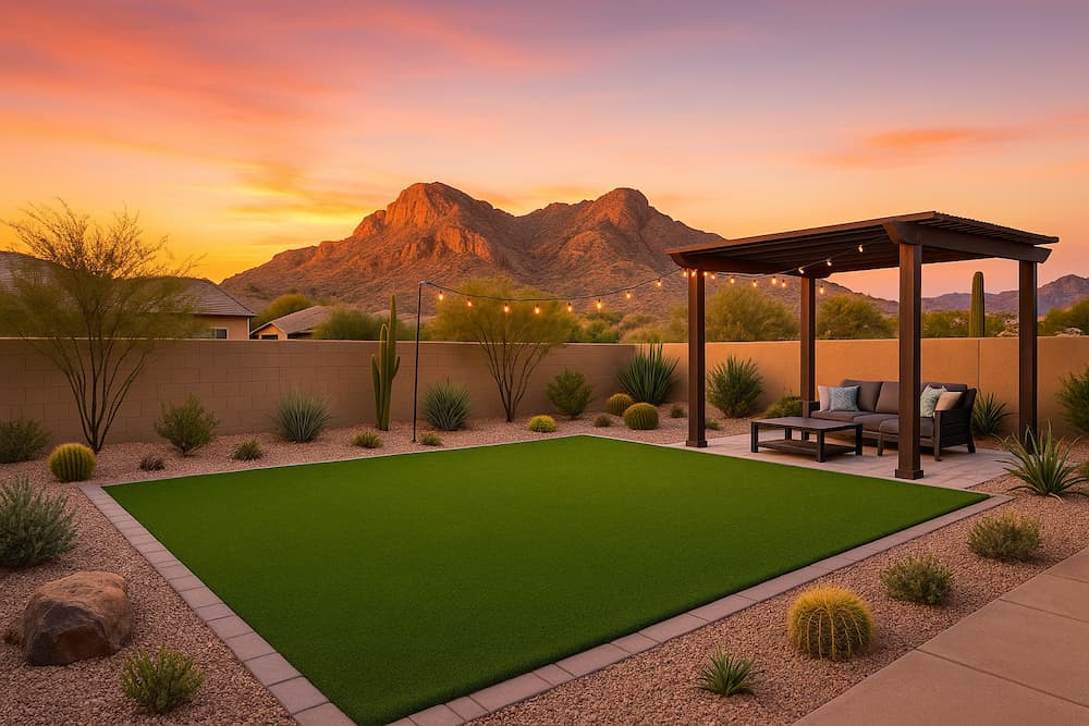 Paver surround framing artificial turf with a pergola and mountain view at sunset.