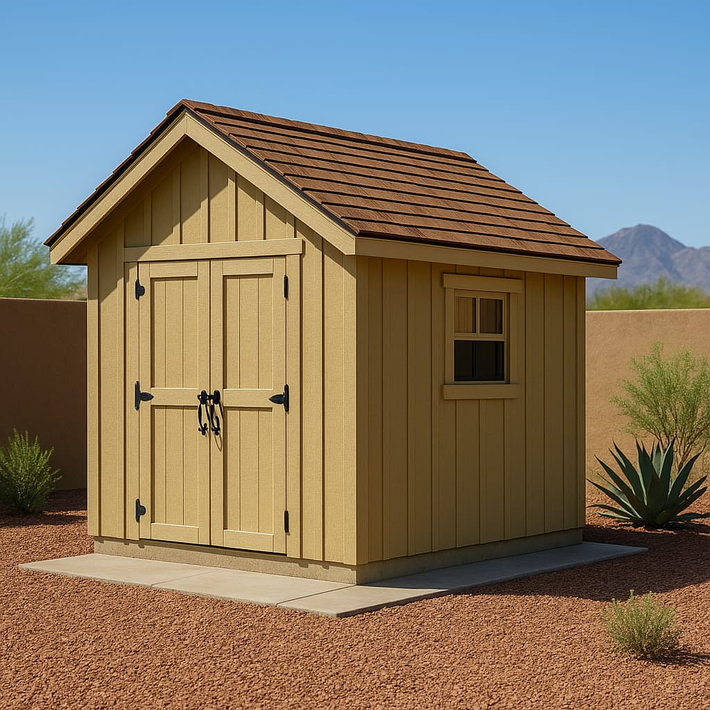 Timber-clad garden shed with double doors and a pitched shingle roof on a gravel bed.