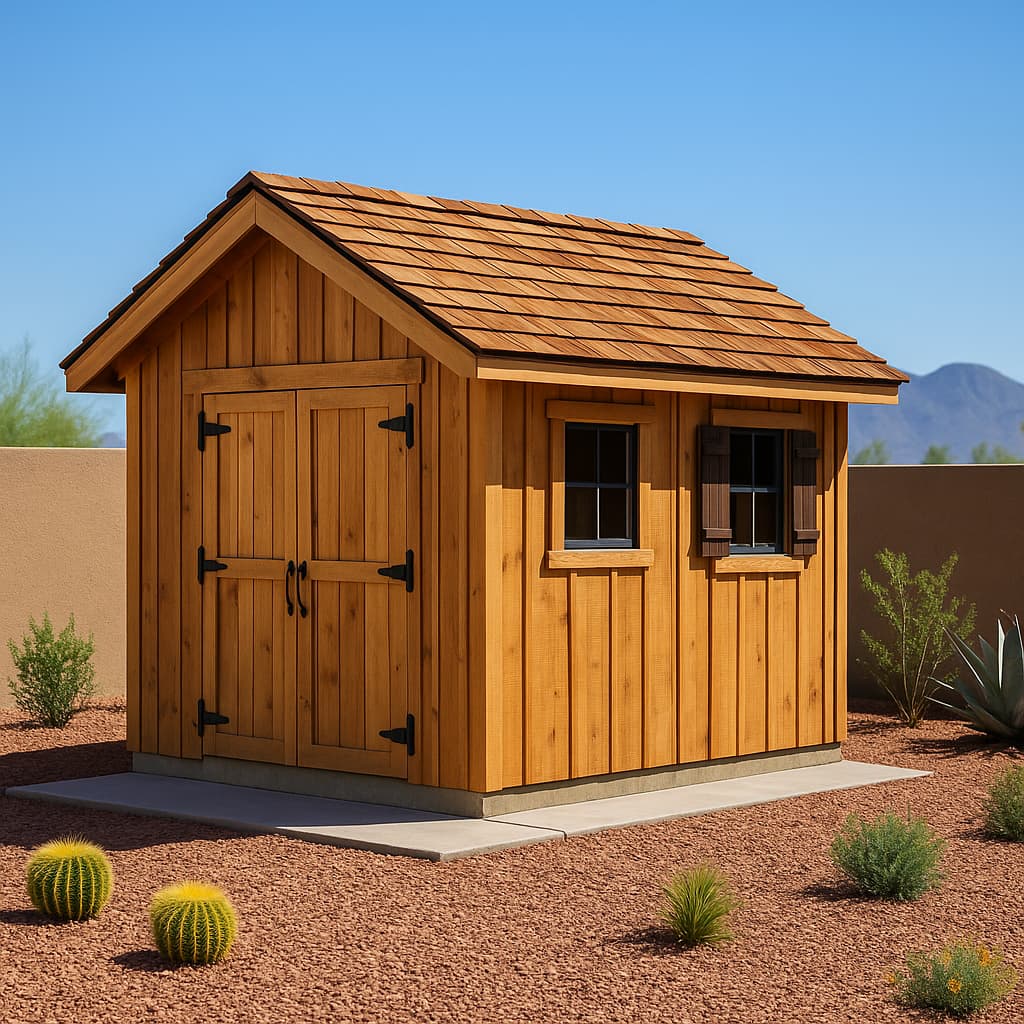 Cedar-toned shed with double doors, side windows and a gabled roof beside a block wall.