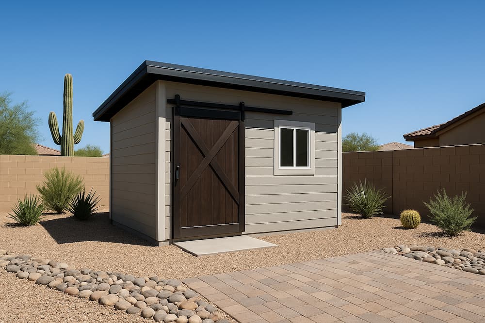 Grey clapboard shed with a sliding barn door and clerestory windows on a concrete pad.