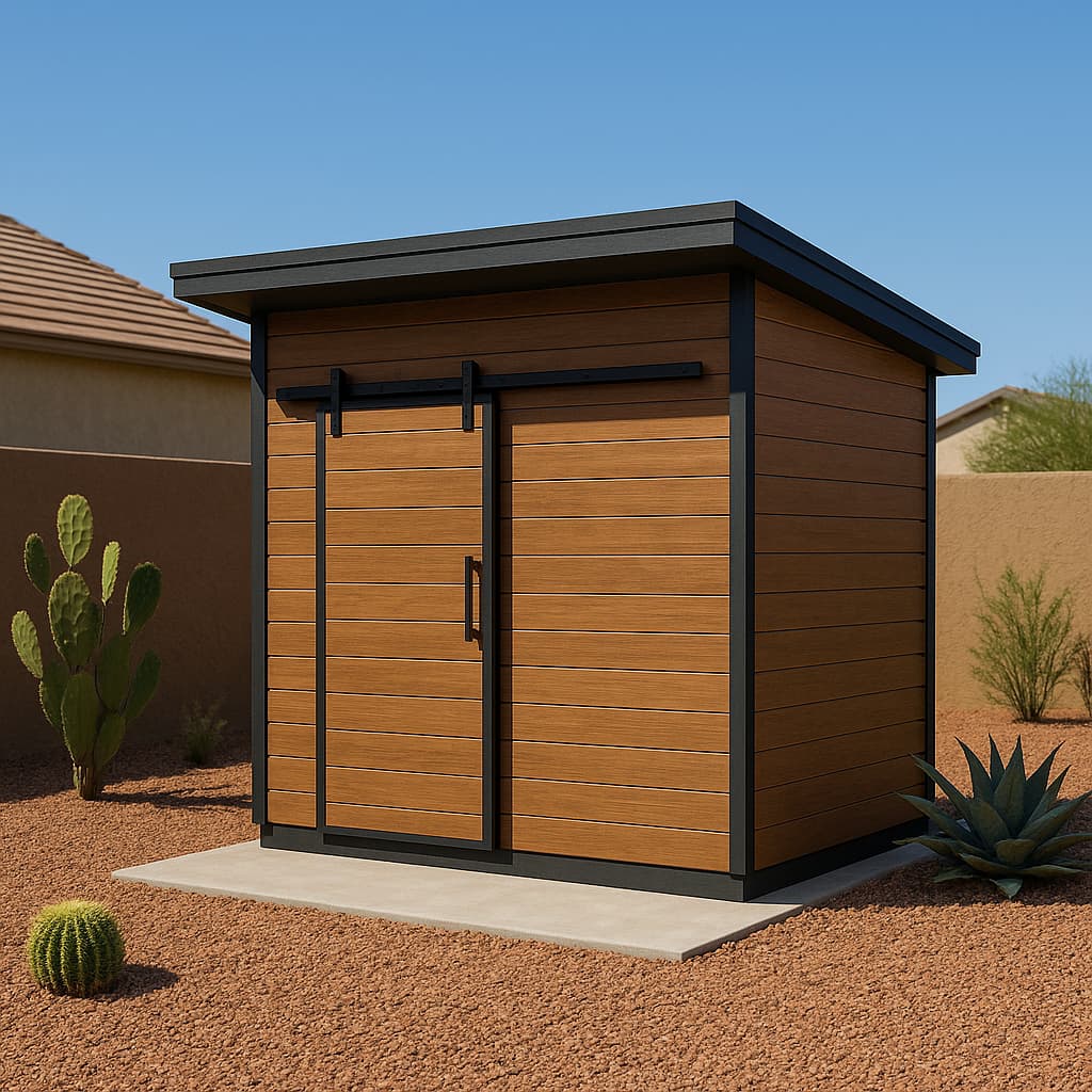 Modern flat-roof shed with wood-effect sliding doors and black trim in a desert yard.
