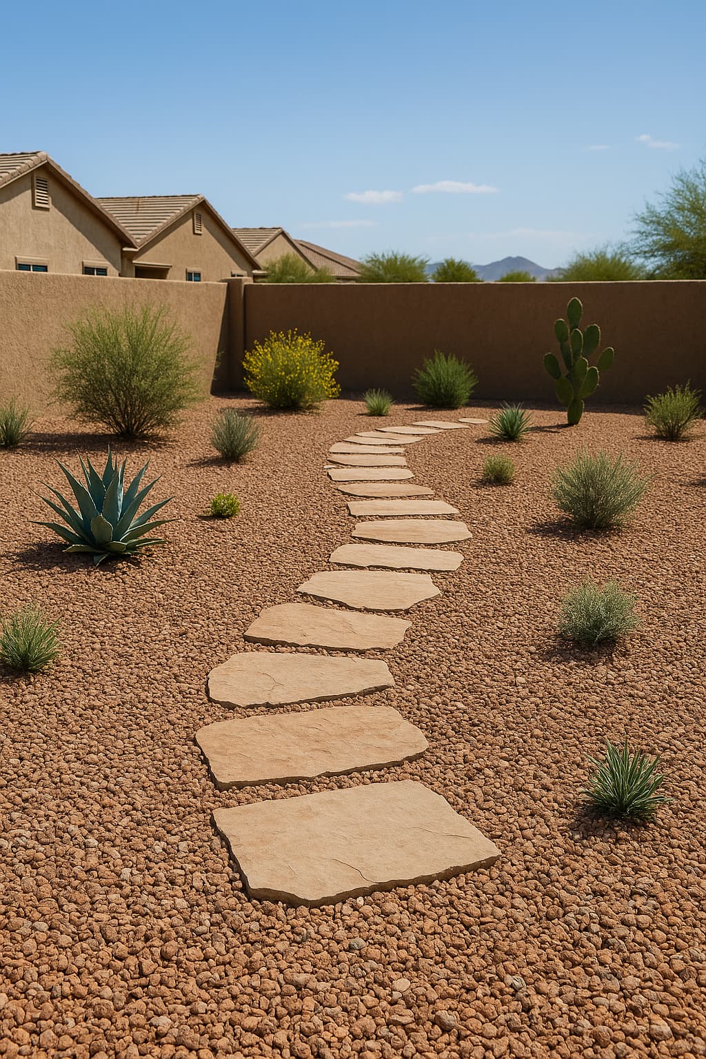 Flagstone stepping-stone path set into decomposed granite in a desert yard.