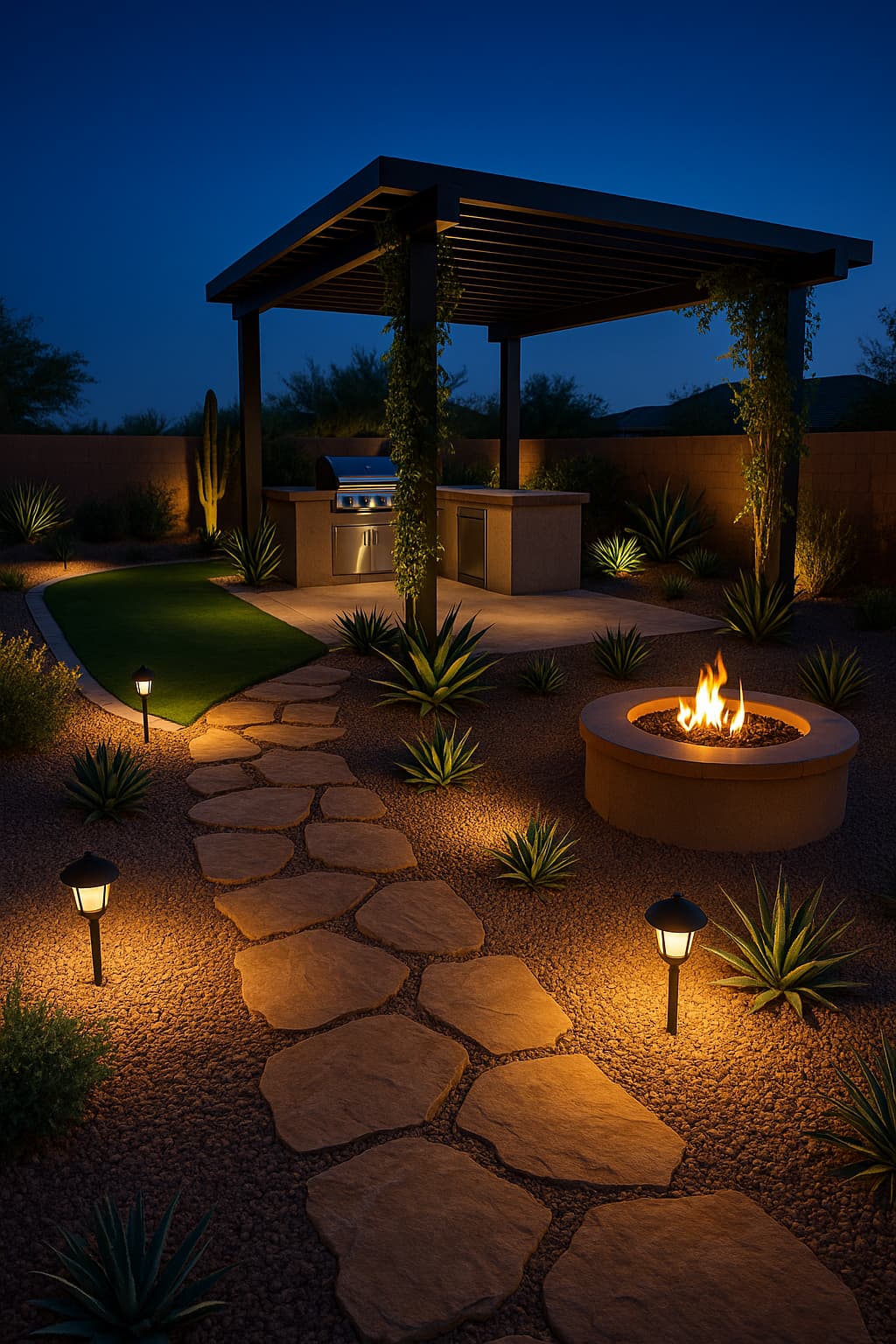 Lit flagstone path leading to a fire bowl and covered seating area at night.